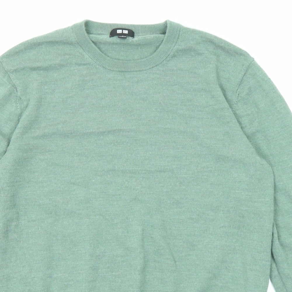 Uniqlo Mens Green Round Neck Wool Pullover Jumper Size S Long Sleeve