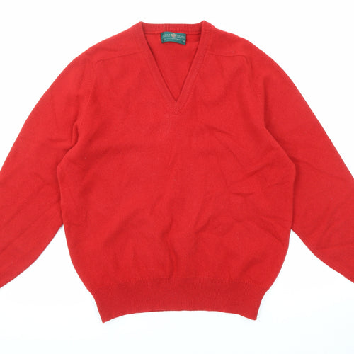 Alan Paine Mens Red V-Neck Wool Pullover Jumper Size L Long Sleeve