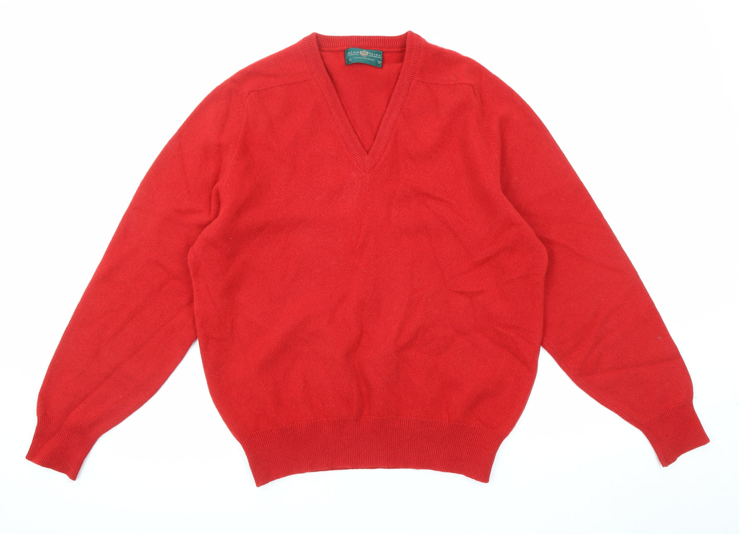 Alan Paine Mens Red V-Neck Wool Pullover Jumper Size L Long Sleeve