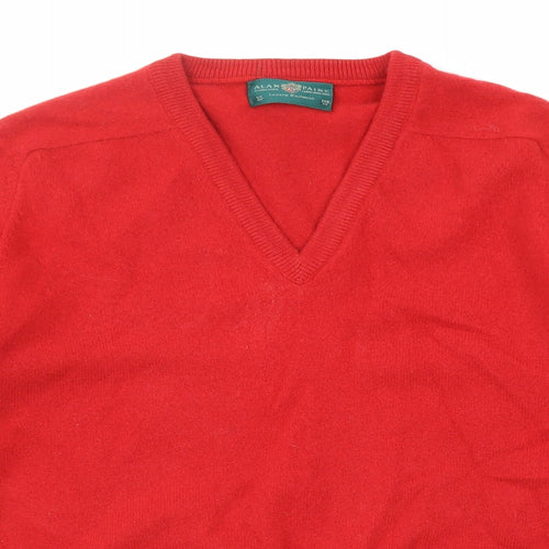 Alan Paine Mens Red V-Neck Wool Pullover Jumper Size L Long Sleeve