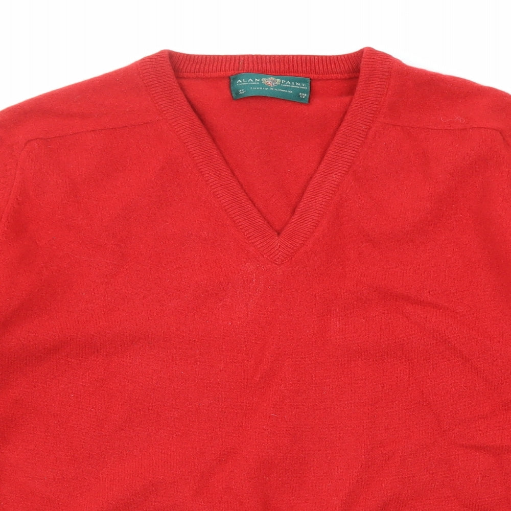 Alan Paine Mens Red V-Neck Wool Pullover Jumper Size L Long Sleeve