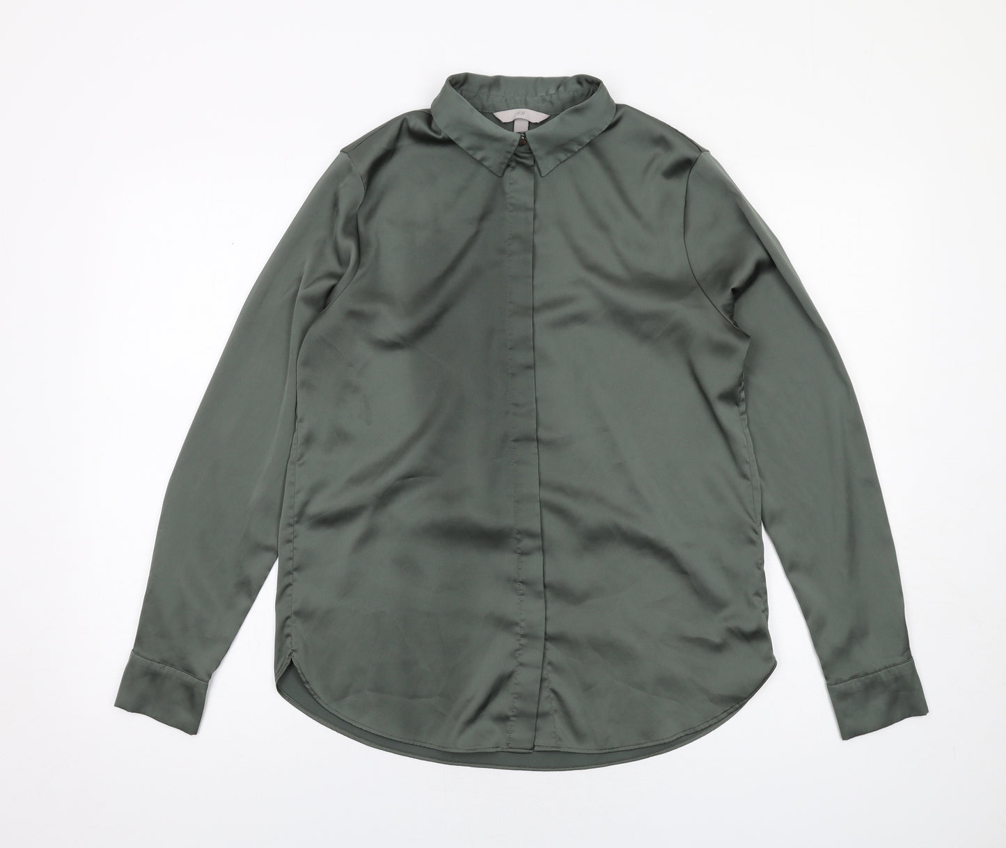 H&M Womens Green Polyester Basic Button-Up Size 8 Collared