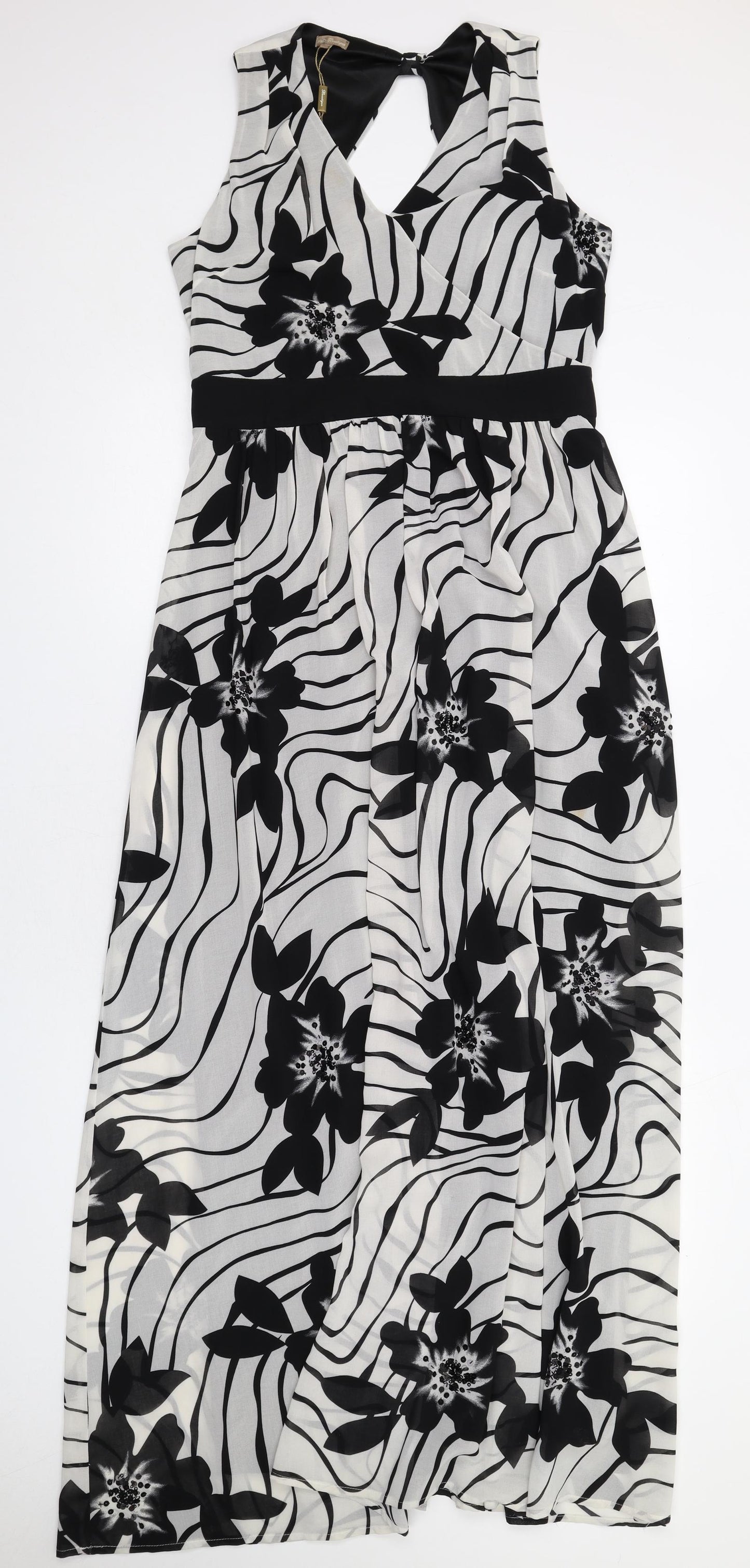 M&Co Womens Black Floral Polyester Maxi Size 12 V-Neck Zip