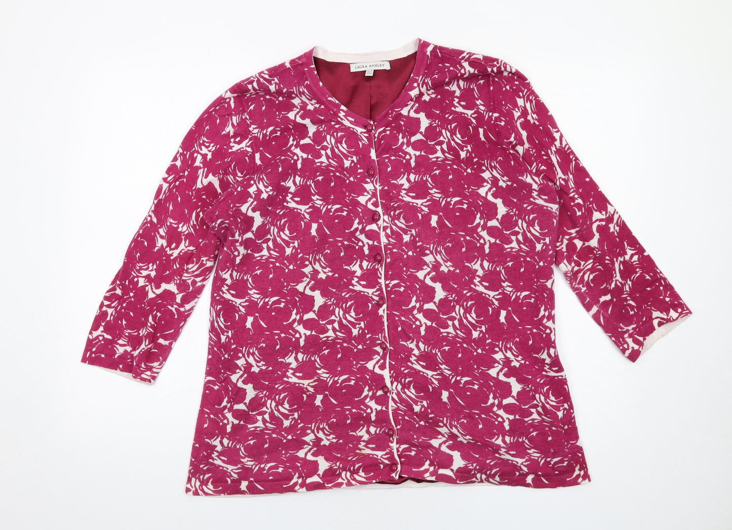 Laura Ashley Womens Pink Round Neck Floral Cotton Cardigan Jumper Size 18