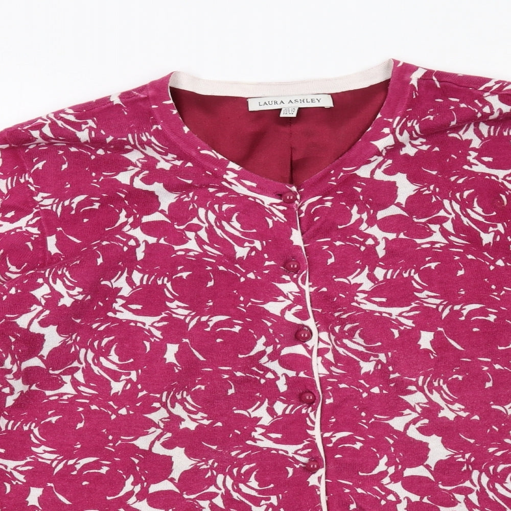Laura Ashley Womens Pink Round Neck Floral Cotton Cardigan Jumper Size 18