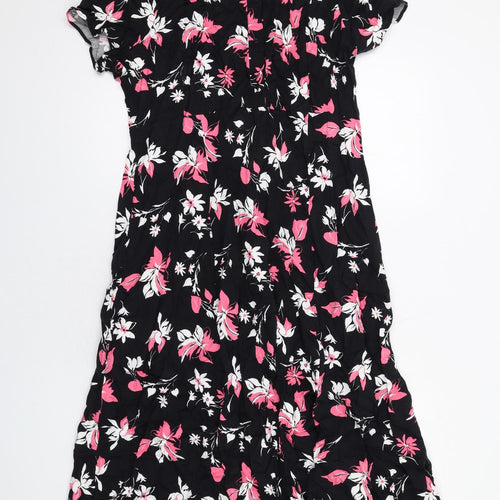 Marks and Spencer Womens Black Floral Viscose Shirt Dress Size 16 Collared Button