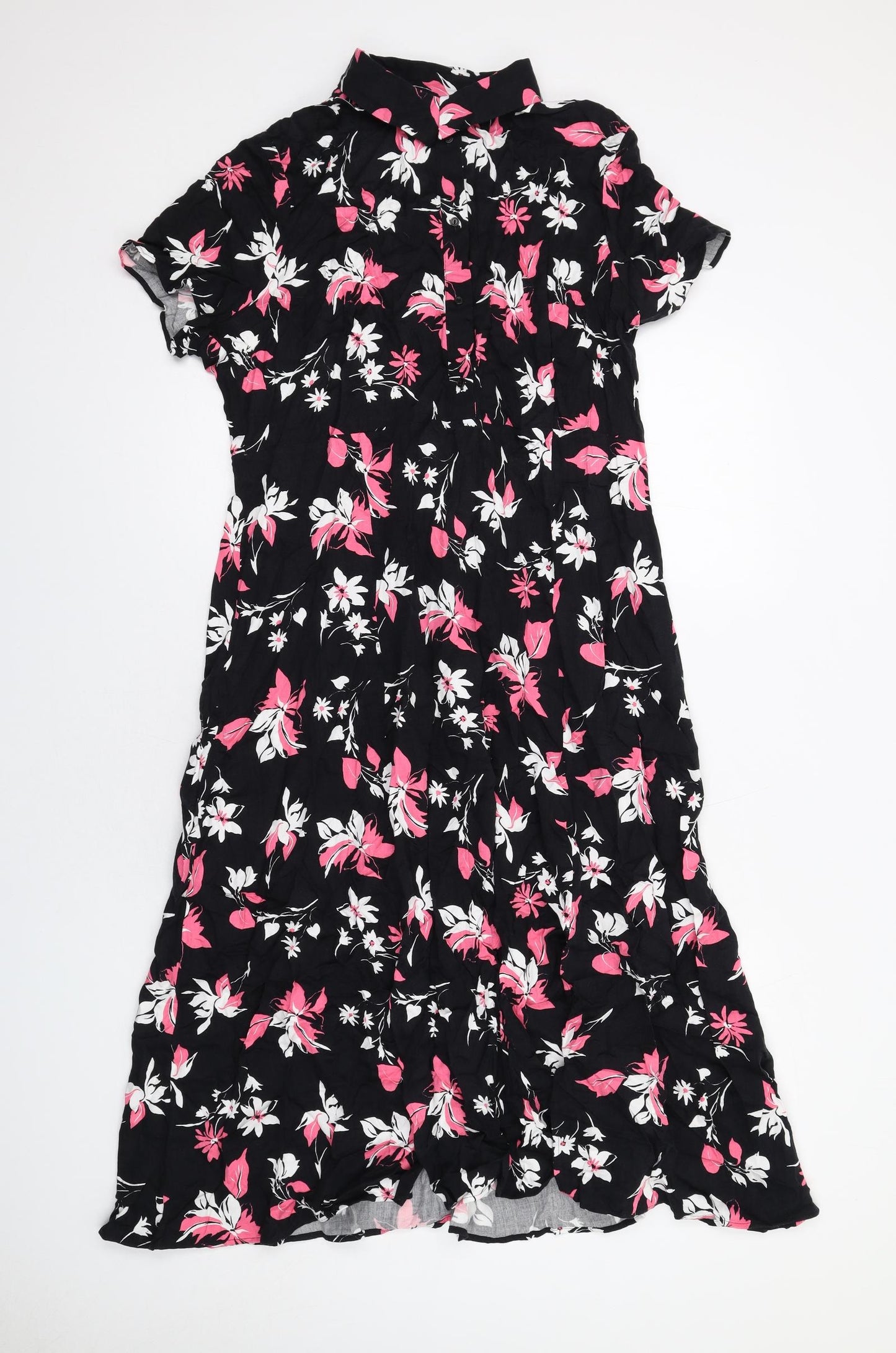 Marks and Spencer Womens Black Floral Viscose Shirt Dress Size 16 Collared Button