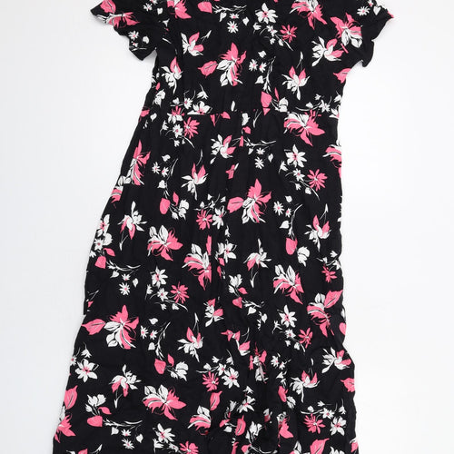 Marks and Spencer Womens Black Floral Viscose Shirt Dress Size 16 Collared Button