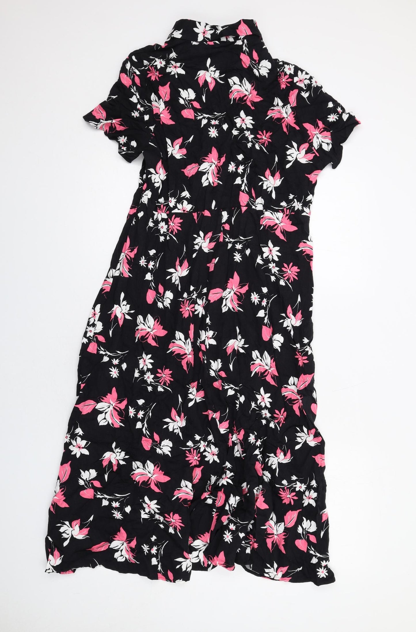 Marks and Spencer Womens Black Floral Viscose Shirt Dress Size 16 Collared Button