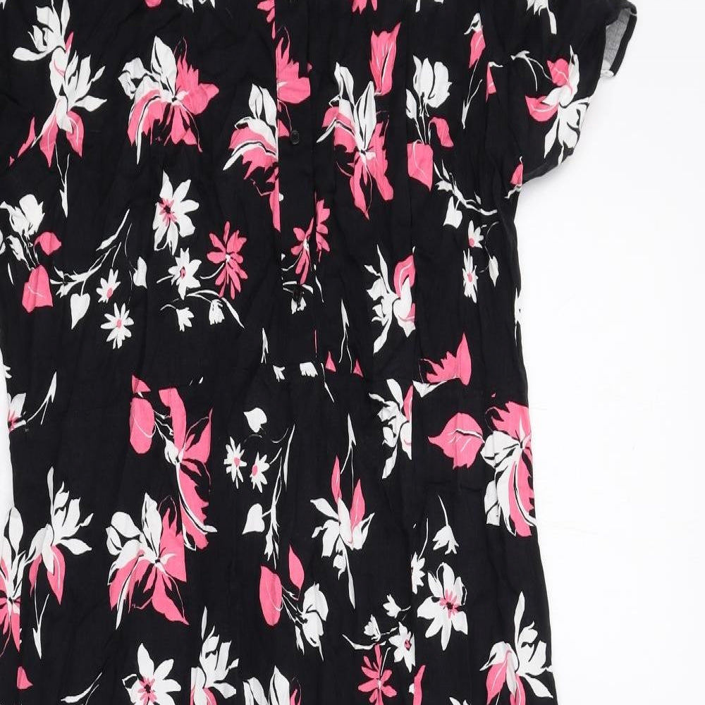 Marks and Spencer Womens Black Floral Viscose Shirt Dress Size 16 Collared Button