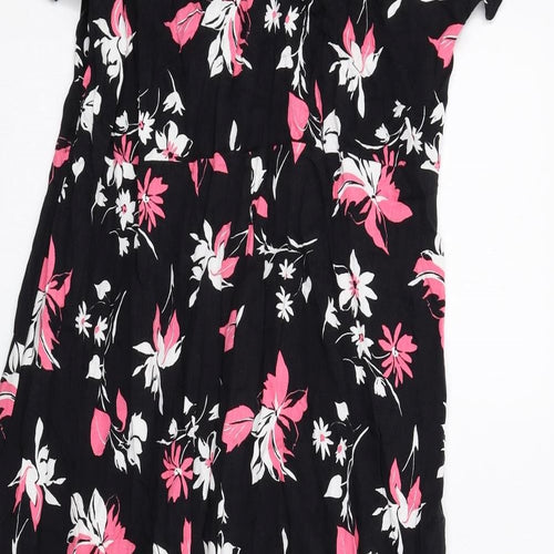 Marks and Spencer Womens Black Floral Viscose Shirt Dress Size 16 Collared Button