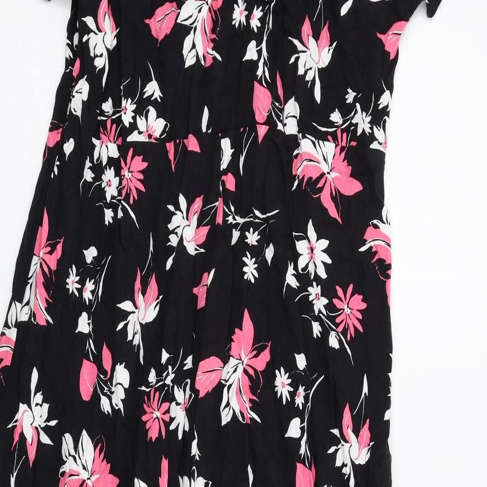 Marks and Spencer Womens Black Floral Viscose Shirt Dress Size 16 Collared Button
