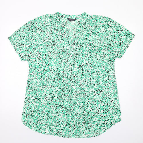Marks and Spencer Womens Green Animal Print Polyester Basic Button-Up Size 12 V-Neck