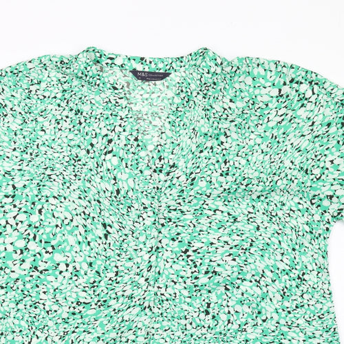 Marks and Spencer Womens Green Animal Print Polyester Basic Button-Up Size 12 V-Neck