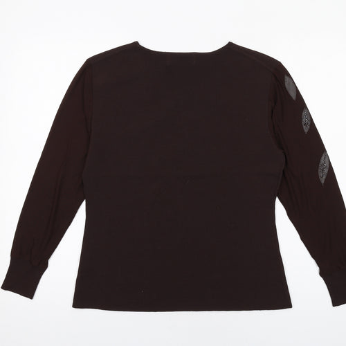 Just Elegance Womens Brown Viscose Basic Blouse Size M Round Neck - Leaf Design