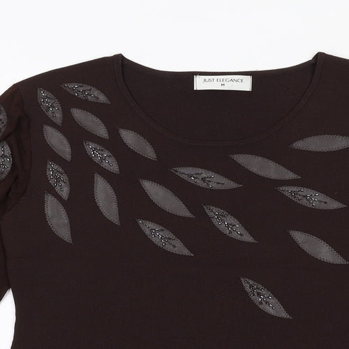 Just Elegance Womens Brown Viscose Basic Blouse Size M Round Neck - Leaf Design