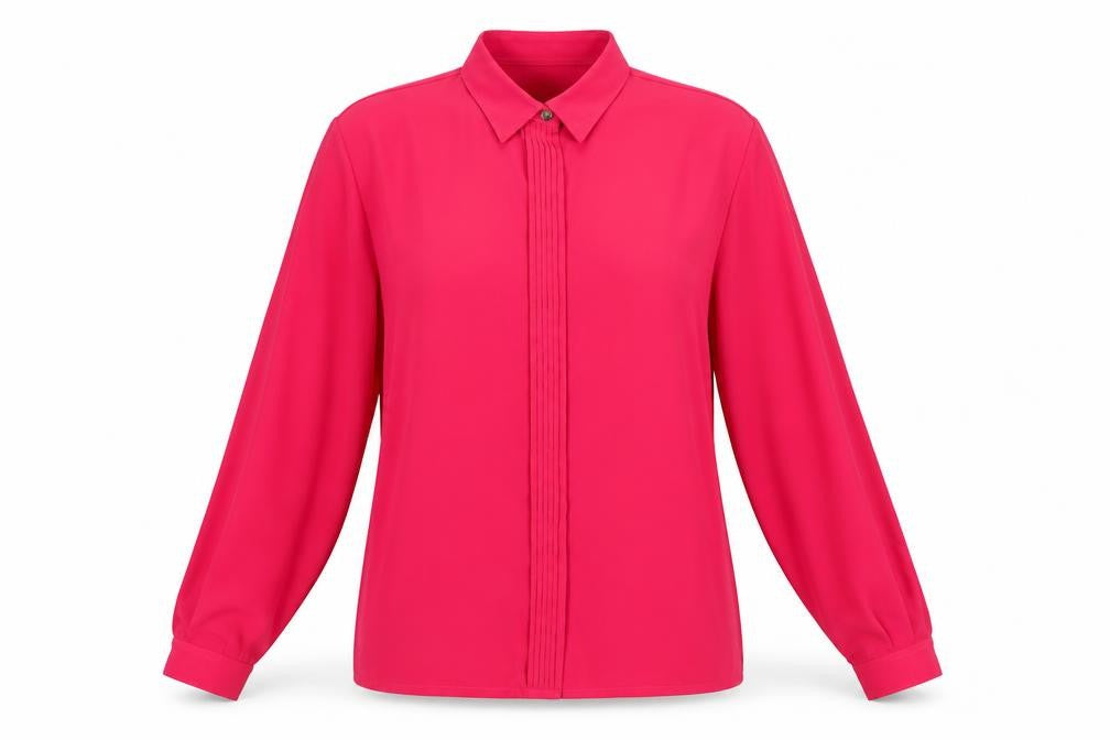Front view of Country Casuals women’s pink polyester basic button-up, size UK 12, collared