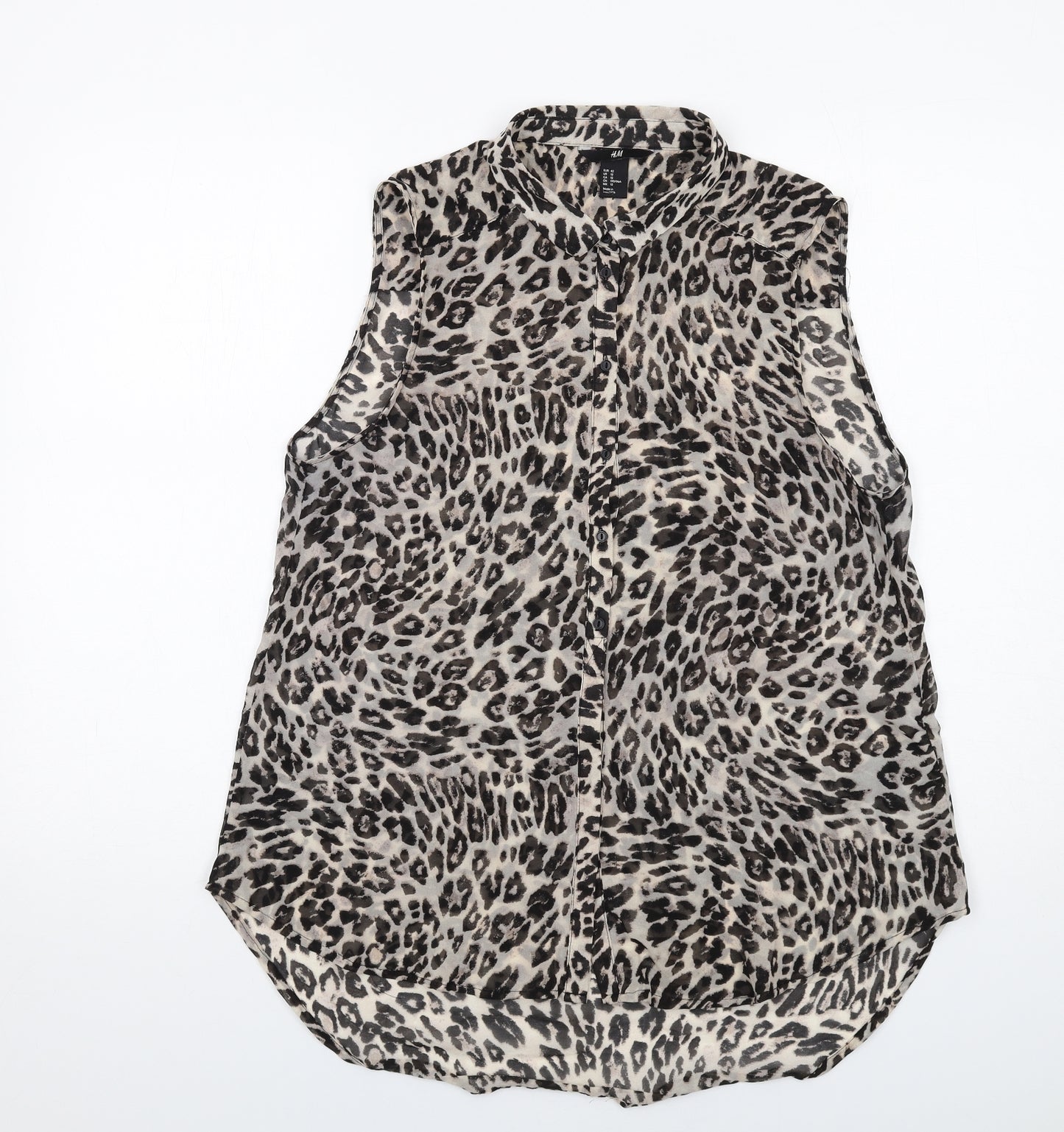 H&M Womens Beige Animal Print Polyester Basic Button-Up Size 14 Collared - Leopard Print