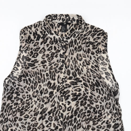 H&M Womens Beige Animal Print Polyester Basic Button-Up Size 14 Collared - Leopard Print