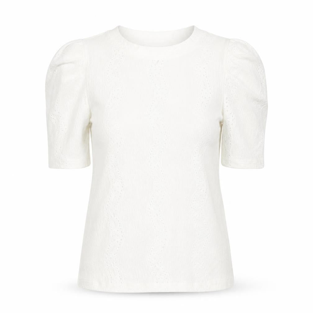 Front view of Monki women’s white polyester basic blouse, size XS, crew neck - puff sleeve