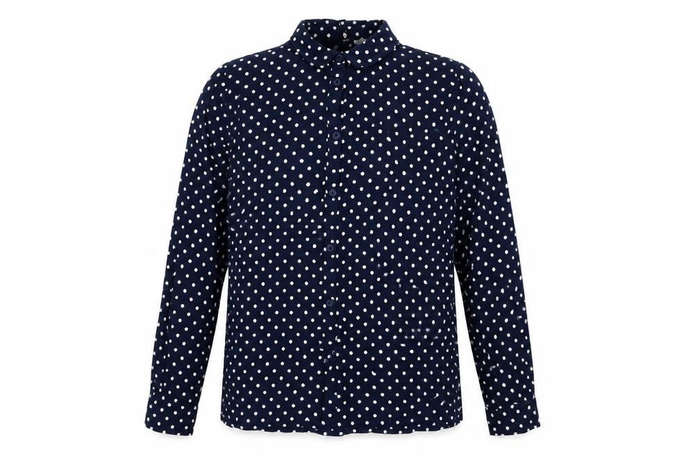 Front view of H&M women’s blue polka dot viscose basic button-up, size UK 8, collared
