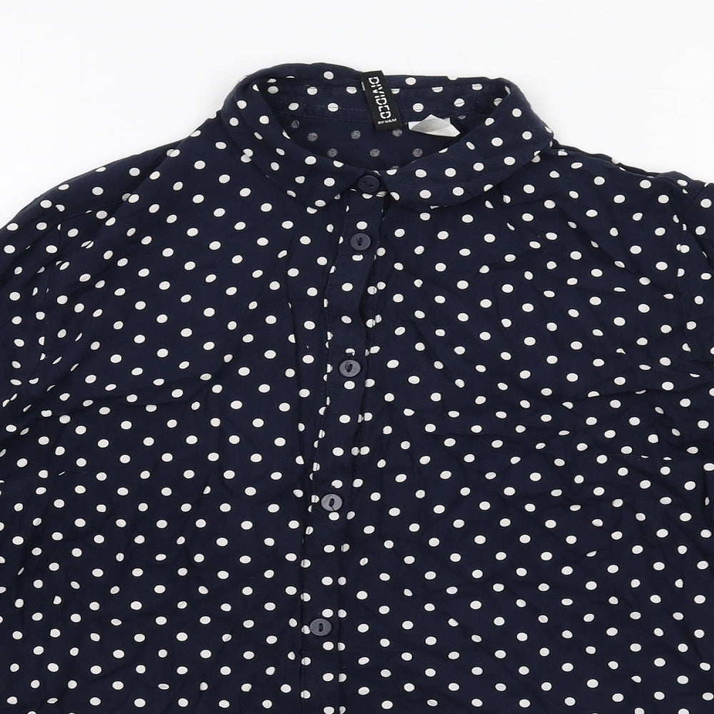 H&M Womens Blue Polka Dot Viscose Basic Button-Up Size 8 Collared