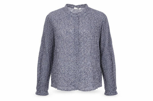 Front view of Gap women’s blue geometric viscose basic blouse, size S, round neck