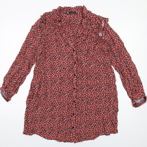Zara Womens Red Floral Viscose A-Line Size M V-Neck Button