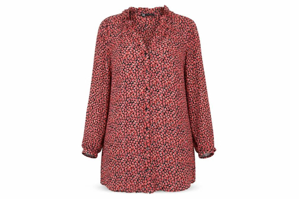 Front view of Zara women’s red floral viscose a-line, size M, v-neck button