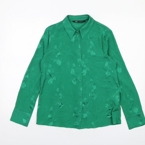 Zara Womens Green Floral Polyester Basic Button-Up Size XS Collared