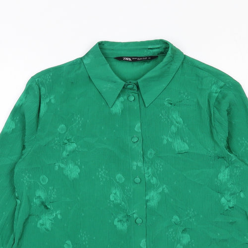 Zara Womens Green Floral Polyester Basic Button-Up Size XS Collared