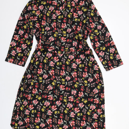 New Look Womens Black Floral Polyester A-Line Size 12 Round Neck Button