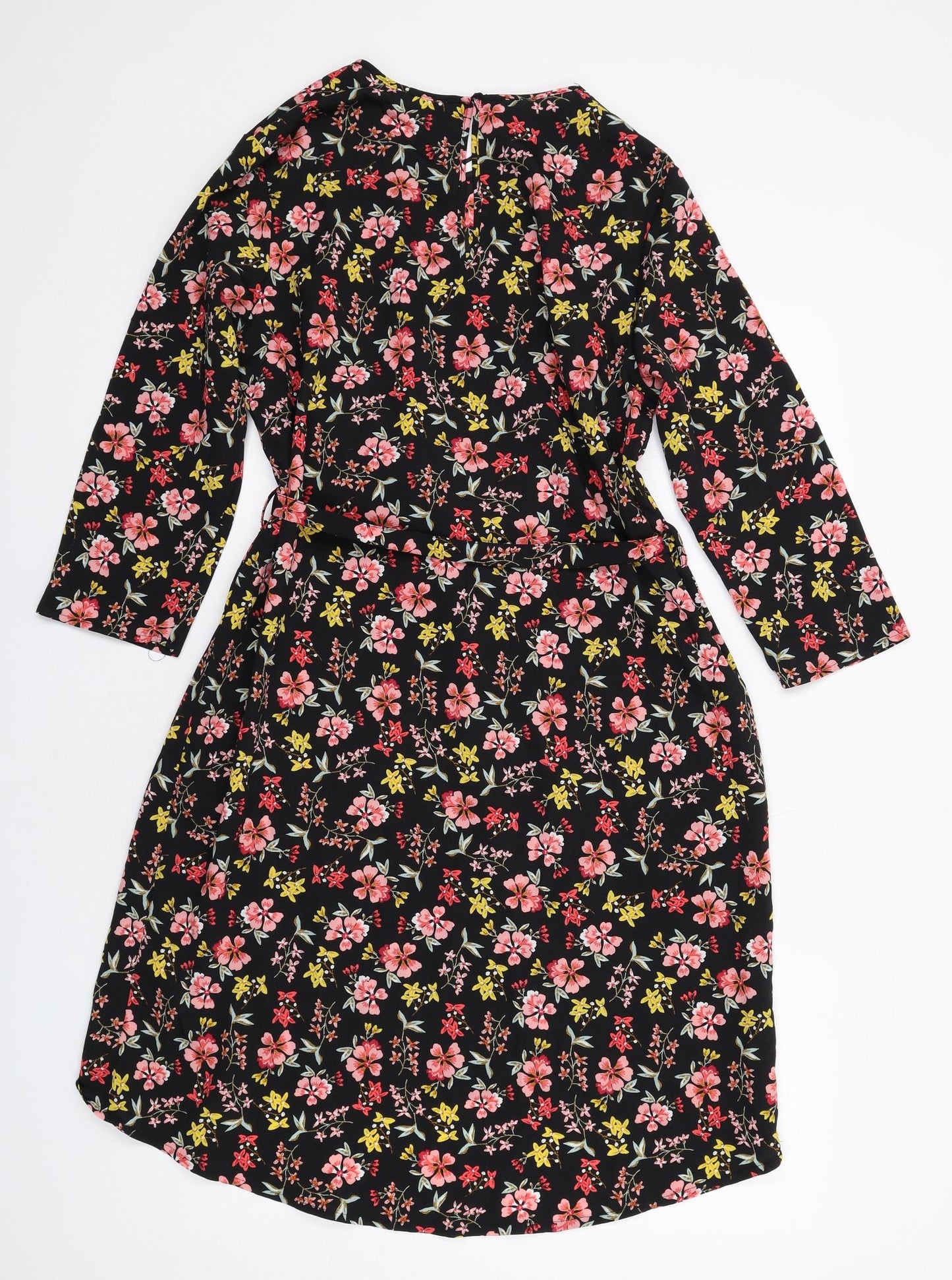 New Look Womens Black Floral Polyester A-Line Size 12 Round Neck Button