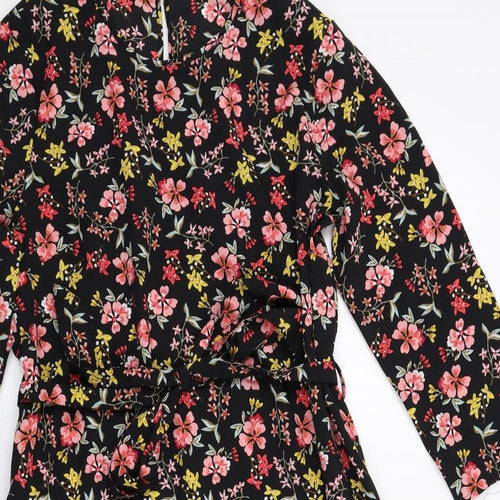 New Look Womens Black Floral Polyester A-Line Size 12 Round Neck Button