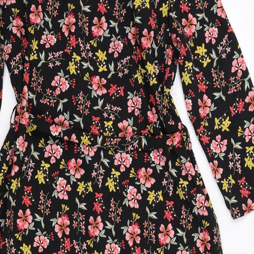 New Look Womens Black Floral Polyester A-Line Size 12 Round Neck Button