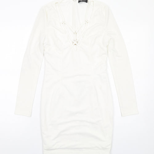 Club L Womens White Polyester Bodycon Size 10 V-Neck Zip