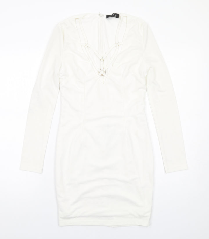 Club L Womens White Polyester Bodycon Size 10 V-Neck Zip