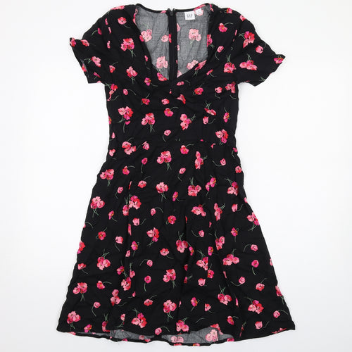 Gap Womens Black Floral Viscose A-Line Size 4 V-Neck Zip