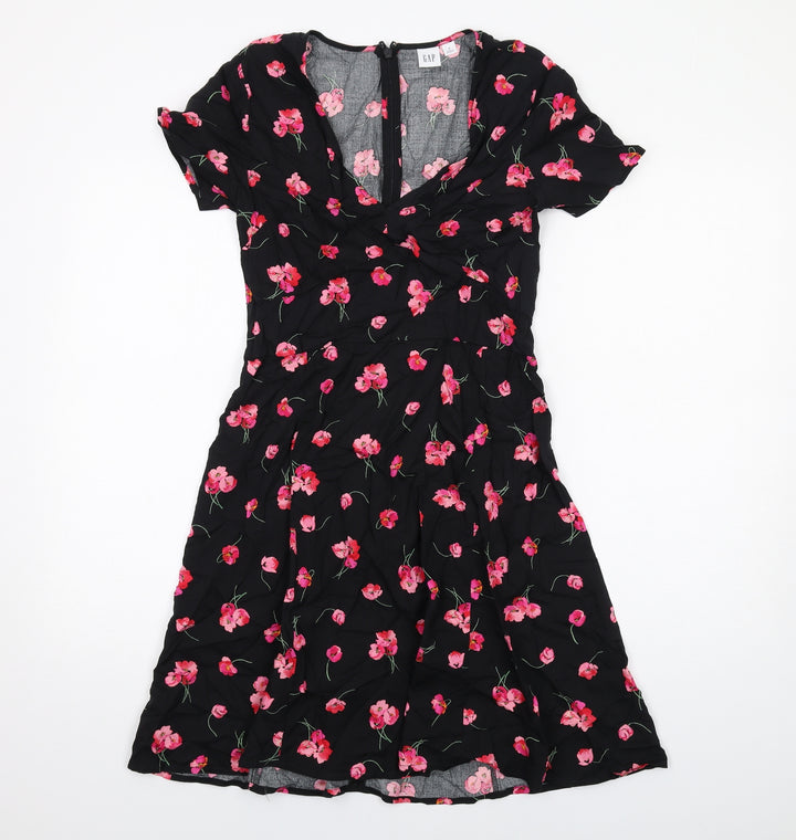 Gap Womens Black Floral Viscose A-Line Size 4 V-Neck Zip