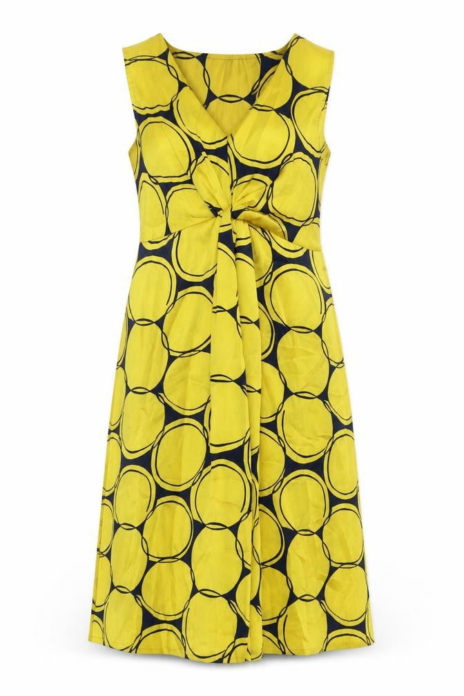 Front view of Clements Ribeiro women’s yellow geometric polyester shift, size UK 10, v-neck zip