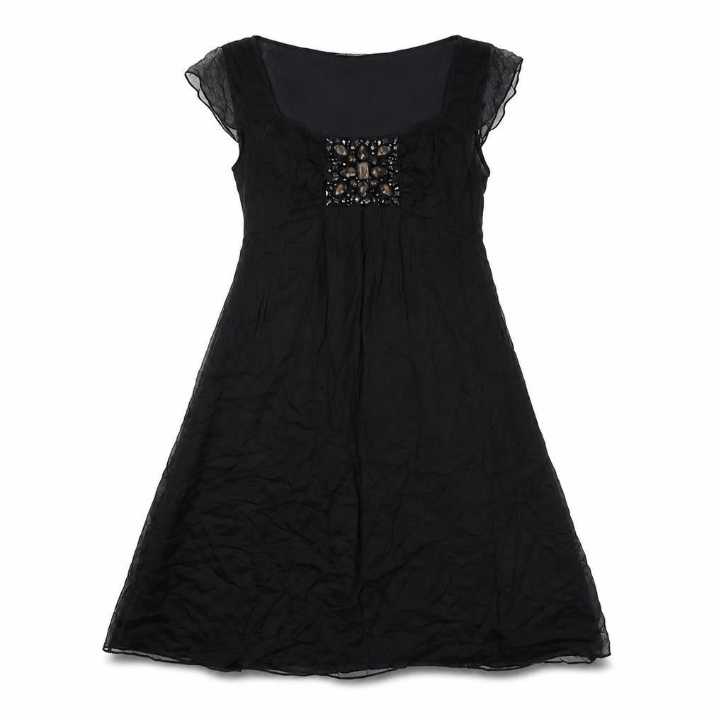 Front view of Autograph women’s black silk shift, size UK 10, round neck zip