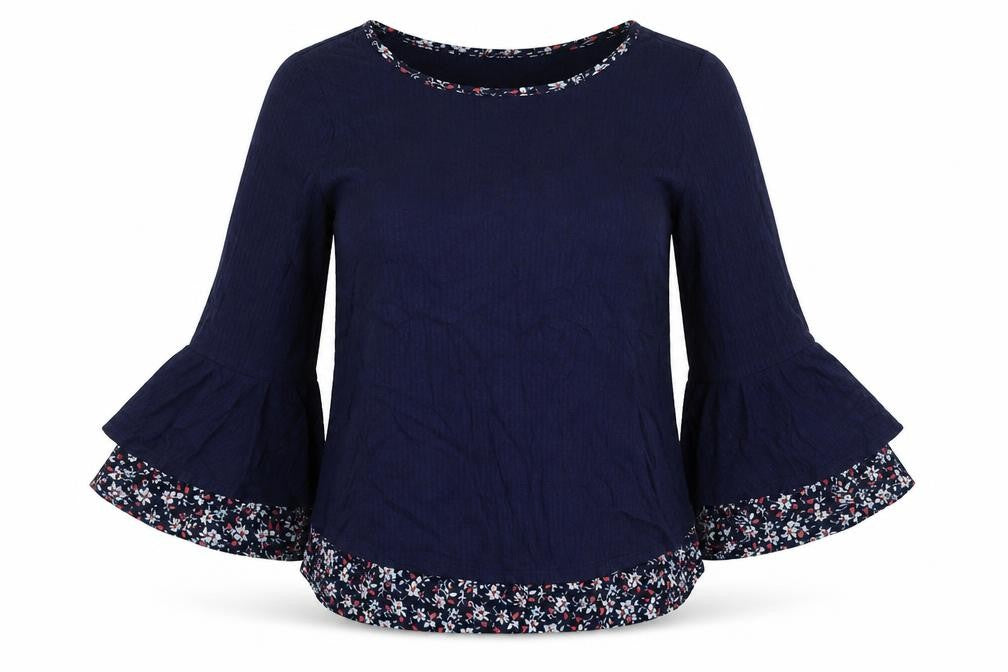 Front view of Faith And Joy women’s blue viscose basic blouse, size S, round neck