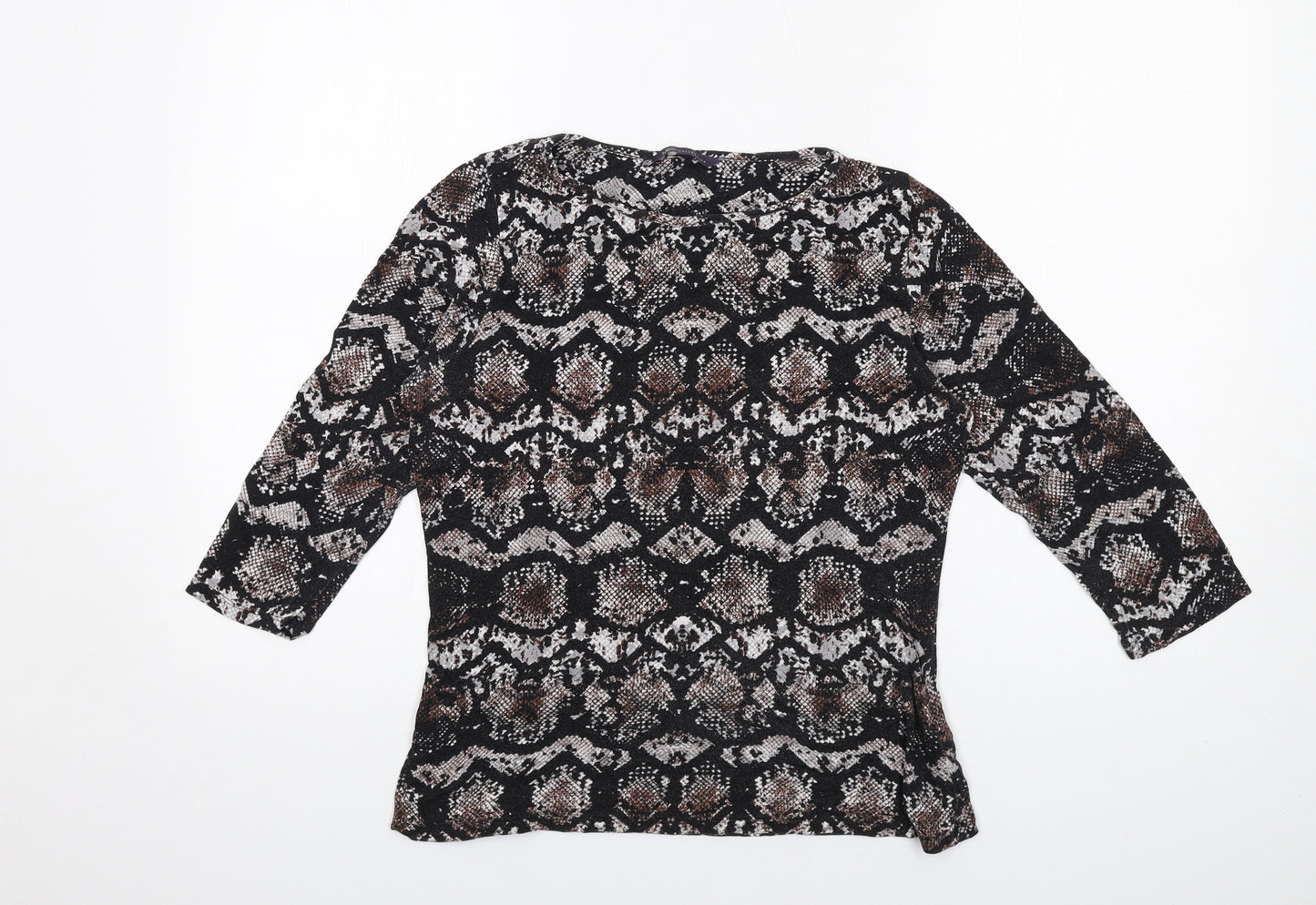 Marks and Spencer Womens Black Animal Print Viscose Basic T-Shirt Size 12 Round Neck - Snakeskin Pattern