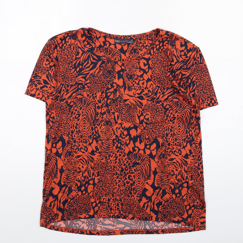 Marks and Spencer Womens Orange Animal Print Polyester Basic T-Shirt Size 10 Round Neck - Leopard, Tiger Print