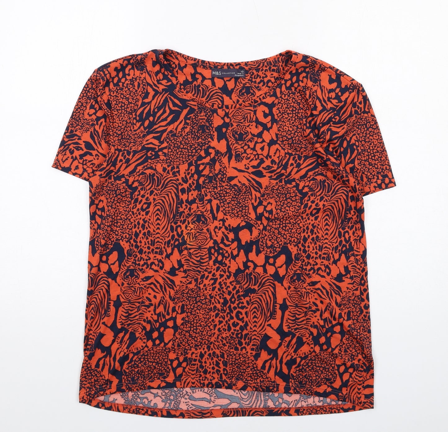 Marks and Spencer Womens Orange Animal Print Polyester Basic T-Shirt Size 10 Round Neck - Leopard, Tiger Print