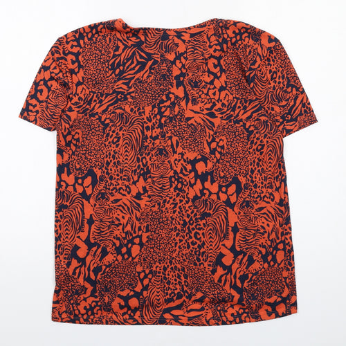 Marks and Spencer Womens Orange Animal Print Polyester Basic T-Shirt Size 10 Round Neck - Leopard, Tiger Print