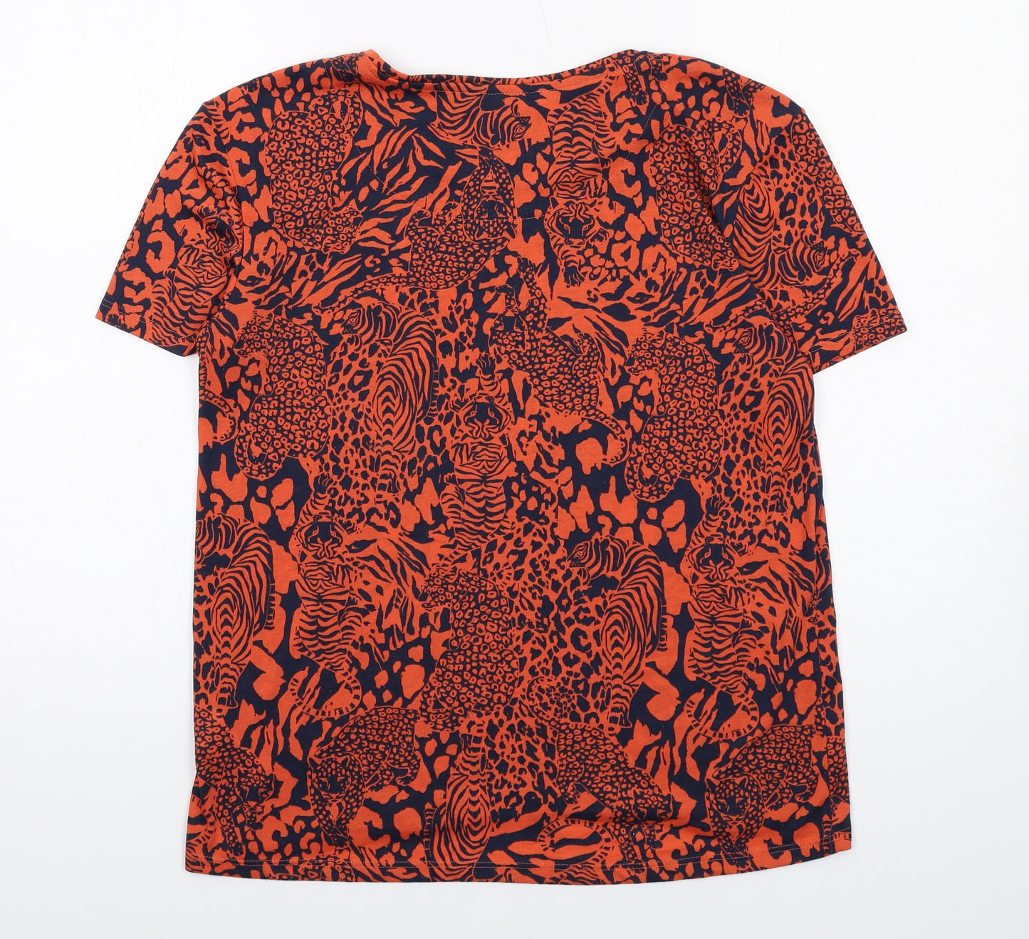 Marks and Spencer Womens Orange Animal Print Polyester Basic T-Shirt Size 10 Round Neck - Leopard, Tiger Print