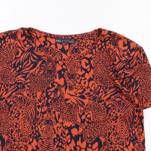 Marks and Spencer Womens Orange Animal Print Polyester Basic T-Shirt Size 10 Round Neck - Leopard, Tiger Print