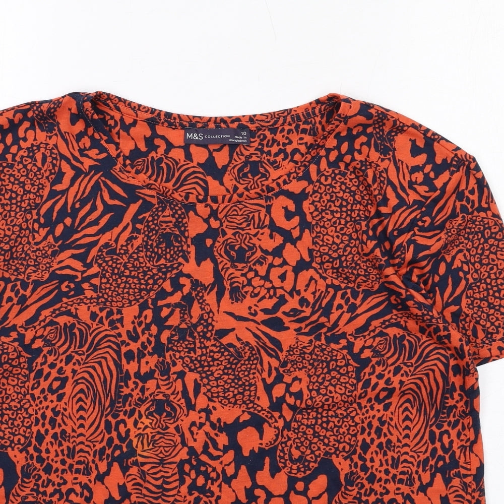 Marks and Spencer Womens Orange Animal Print Polyester Basic T-Shirt Size 10 Round Neck - Leopard, Tiger Print