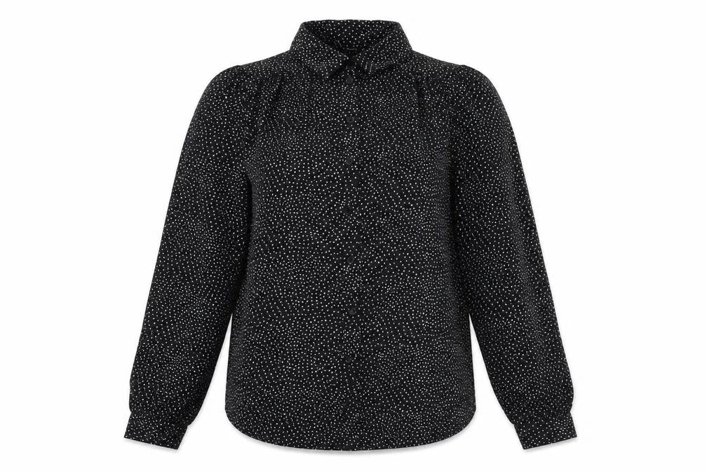 Front view of H&M women’s black geometric polyester basic button-up, size UK 12, collared